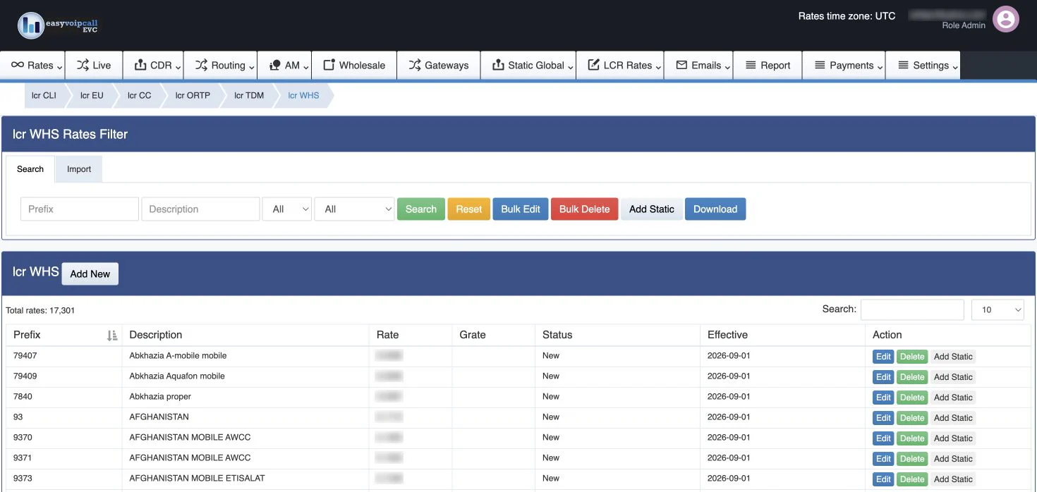 EasyVoIPCall wholesale LCR management view with commercial rate values redacted