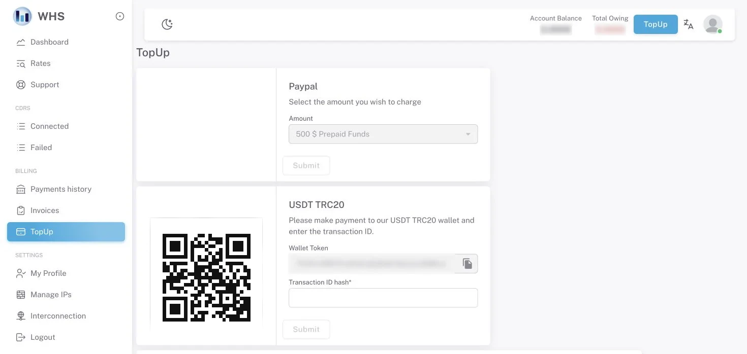 EasyVoIPCall wholesale top-up screen with USDT TRC20 wallet details redacted and the QR code replaced by an in4system.com link
